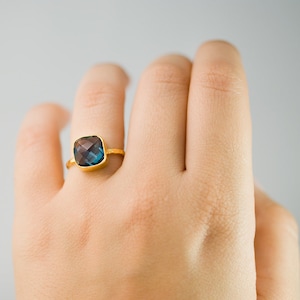 London Blue Topaz Stacking Ring Bezel Ring Topaz Quartz Gemstone Ring Gold Ring December Birthstone image 3