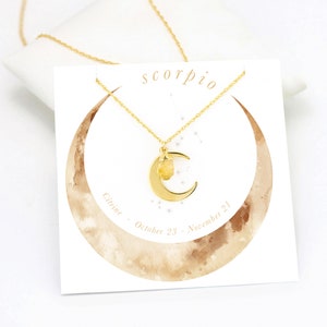 Collier croissant de lune en or avec cristal de citrine brut, collier avec pendentif zodiaque Scorpion cadeau parfait pour une fille qui fête son anniversaire en novembre, gemme jaune