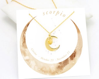 Gold Crescent Moon Necklace with Raw Citrine Crystal, Scorpio Zodiac Pendant Necklace Perfect Gift for November Birthday Girl, Yellow Gem