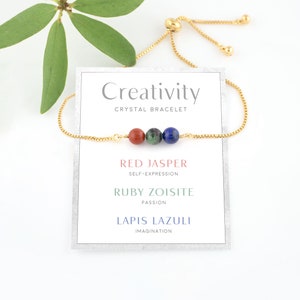 Creativity Crystal Bracelet, Gift Idea for Artist, Inspirational Crystal Properties Card, Genuine Gemstone Adjustable Pull Tie Bolo Bracelet