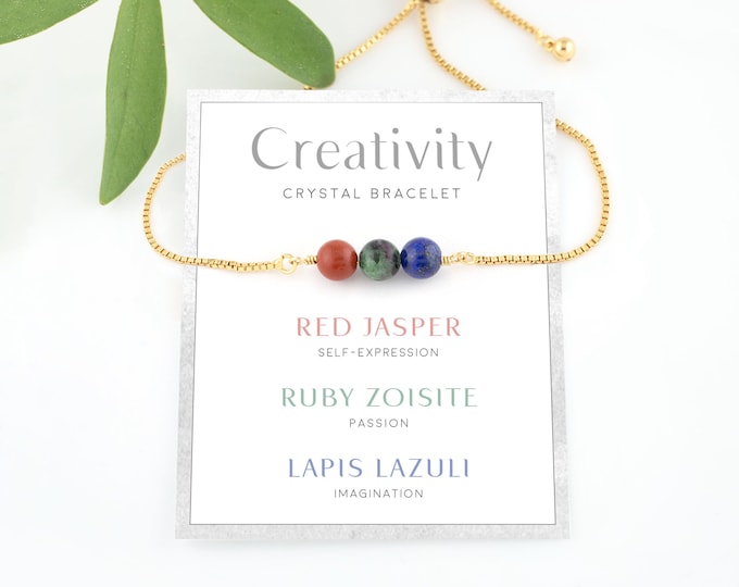 Creativity Crystal Bracelet, Gift Idea for Artist, Inspirational Crystal Properties Card, Genuine Gemstone Adjustable Pull Tie Bolo Bracelet