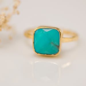 Turquoise Ring Gold, December Birthstone Ring, Gemstone Ring, Stacking Ring, Cushion Cut Ring, Stone Ring, 9mm Stone ring, Summer Jewelry