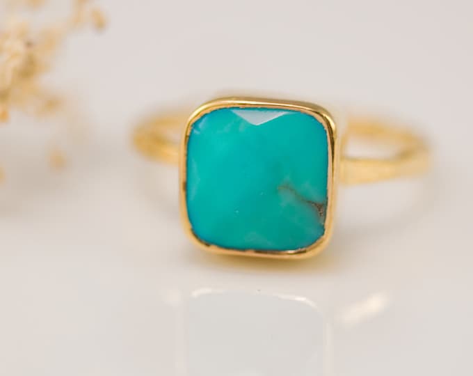 Turquoise Ring Gold, December Birthstone Ring, Gemstone Ring, Stacking Ring, Cushion Cut Ring, Stone Ring, 9mm Stone ring, Summer Jewelry