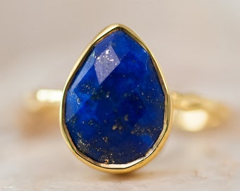 Blue Lapis Lazuli Ring Gold, September Birthstone Ring, Blue Stone Ring, Lapis Gemstone Ring, Stacking Ring, Handmade Tear Drop Ring