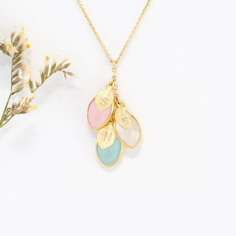 Gold Personalized Custom Birthstone Necklace with initials and family Birthstone Gift for Mom. Personalized Christmas Gift for Mom