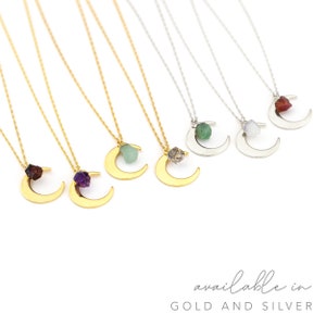 Taurus Horoscope Necklace, Celestial Necklace, Stone Necklace, Zodiac Jewelry, Crescent Moon, Raw Emerald Stone, Dainty Moon, NK-N image 5