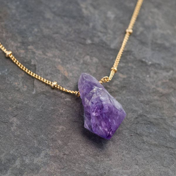 Raw Amethyst Necklace, February Birthstone Necklace, Satellite Chain, Ultra Violet Rough Gemstone, Crystal Necklace Pendant, NK-ST