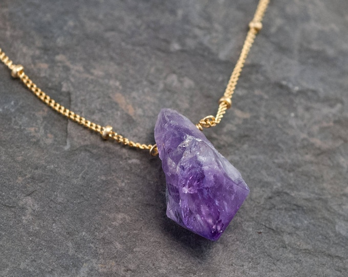 Raw Amethyst Necklace, February Birthstone Necklace, Satellite Chain, Ultra Violet Rough Gemstone, Crystal Necklace Pendant, NK-ST