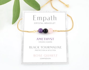 Empath Protection Bracelet, Amethyst Black Tourmaline Rose Quartz Healing Crystal Set, Adjustable Mala Emotional Support Gemstones Xmas Gift