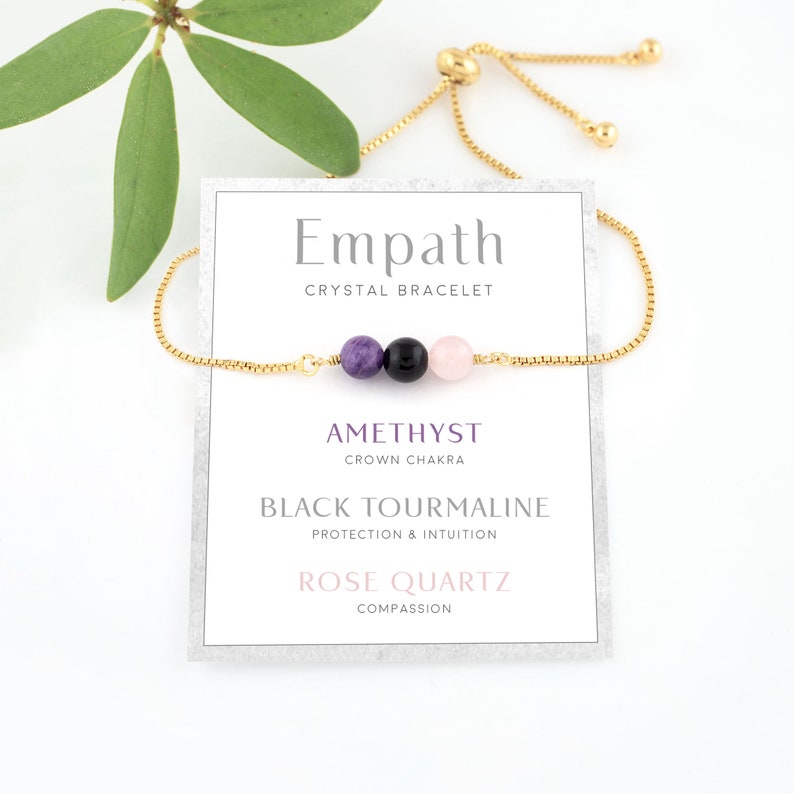 Empath Protection Bracelet, Amethyst Black Tourmaline Rose Quartz Crystal Set, Adjustable Emotional Support Gemstone Crystals Boho image 1