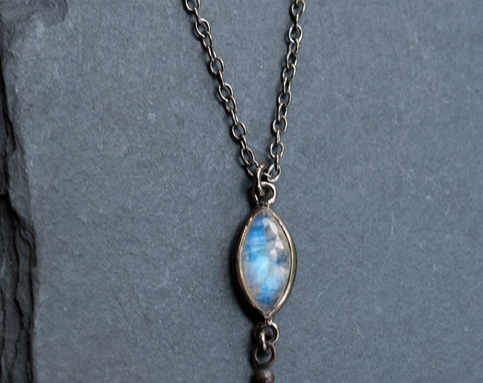 Marquise Rainbow Moonstone Necklace, June Birthstone, Black Silver, Moonstone Pendant, Small Stone, Everyday Necklace, Celestial Gift