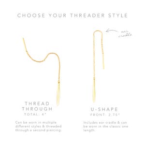 Op de afbeelding: Twee gouden oorringen om in te rijgen, een met een rechte draad en de andere met een U-vormige draad. De rechte rijger is 10 cm lang en de U-vormige rijger is 7 cm lang. De tekst "THREAD THROUGH TOTAL: 4" staat onder de rechte rijger en de tekst "U-SHAPE FRONT: 2.75" staat onder de U-vormige rijger.