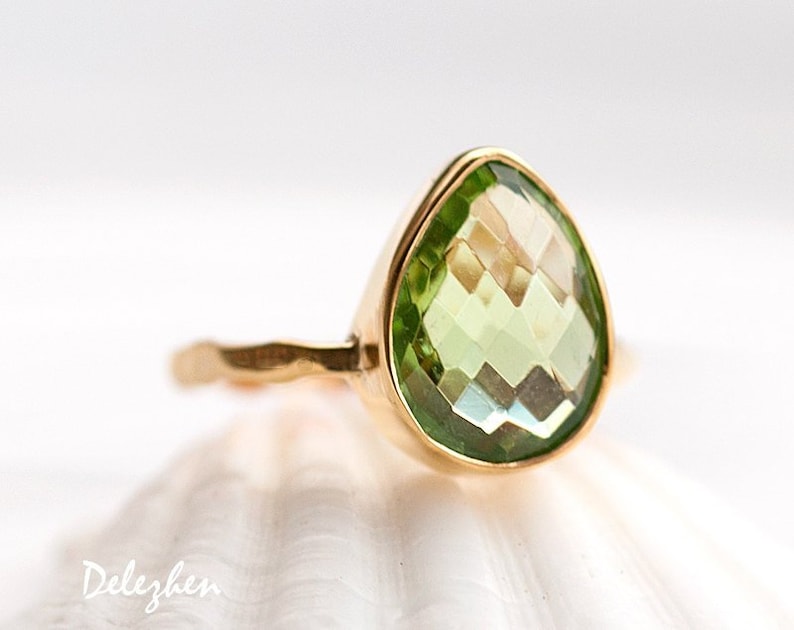 Green Peridot Ring Gold, August Birthstone Ring, Cushion Cut, Solitaire Ring, Green Stone Ring, Stackable Stone Ring, Gift for Mom image 4