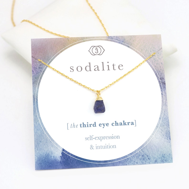 Raw Sodalite Necklace Gold, Yogi Chakra Intuition Crystal Summer Jewelry Gift, Tiny Minimalist Navy Blue Gemstone Pendant, Necklace on Card image 1