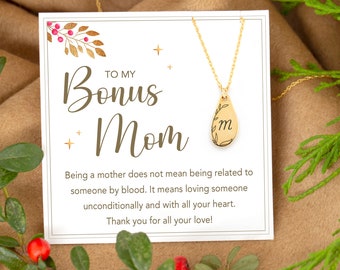 To My Bonus Mom Personalized Christmas Gift Necklace, Unbiological Mom Gift, Step Mom Gif, Initial Necklace on Message Card, Foster Mom Gift