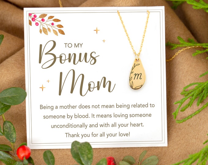 To My Bonus Mom Personalized Christmas Gift Necklace, Unbiological Mom Gift, Step Mom Gif, Initial Necklace on Message Card, Foster Mom Gift
