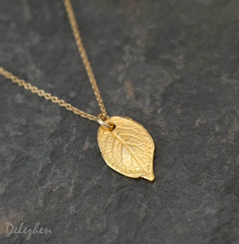 May include: A gold leaf pendant necklace with a delicate chain. The leaf is detailed with veins and has a slightly textured surface.