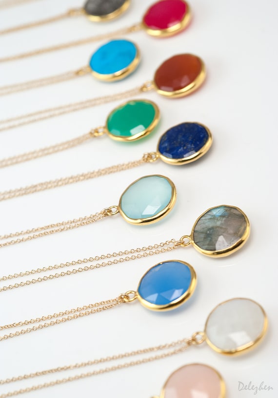 Gemstone Pendant, Gold Necklace, Everyday Layering Necklace, Bridesmaid  Gift Ideas, Gold Framed Stone, Gift For Her, Round Gemstone