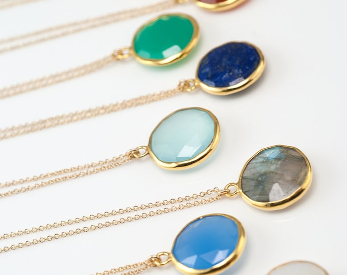 Gemstone Pendant, Gold Necklace, Everyday Layering Necklace, Bridesmaid Gift Ideas, Gold Framed Stone, Gift For Her, Round Gemstone