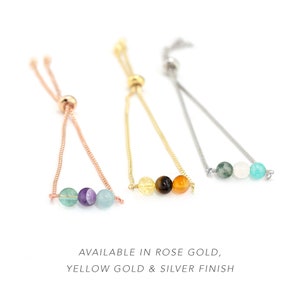 May include: Three adjustable bracelets with different gemstone beads. The bracelets are available in rose gold, yellow gold, and silver finishes.  AVAILABLE IN ROSE GOLD, YELLOW GOLD & SILVER FINISH.
