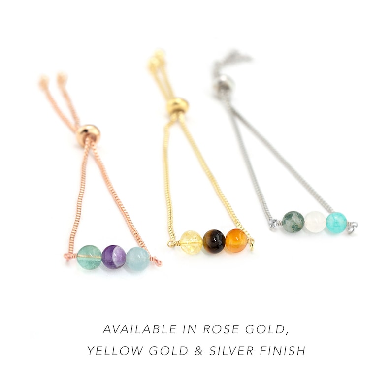 May include: Three adjustable bracelets with different gemstone beads. The bracelets are available in rose gold, yellow gold, and silver finishes.  AVAILABLE IN ROSE GOLD, YELLOW GOLD & SILVER FINISH.
