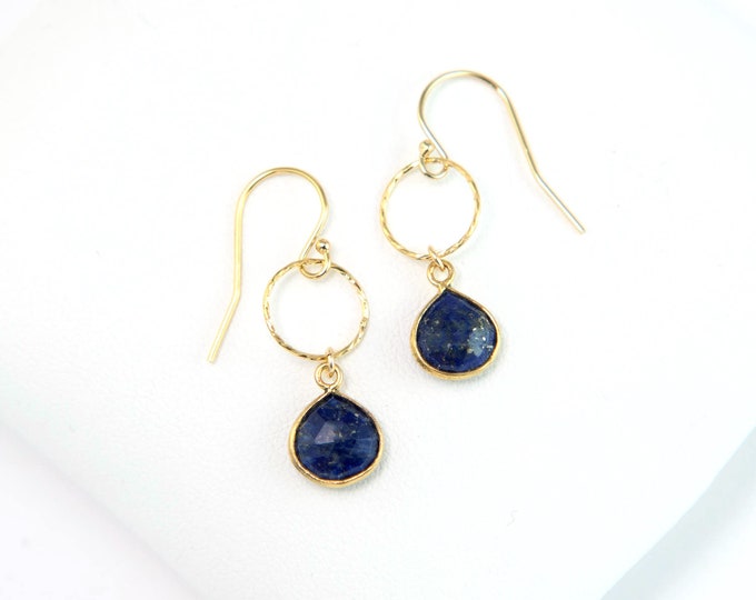 Lapis Lazuli Gold Framed Gemstone Earrings, 14k Gold Hammered Hoop, Minimalist Earrings, Gift for Friend, Dangly Gem Earring, Birthday Gift