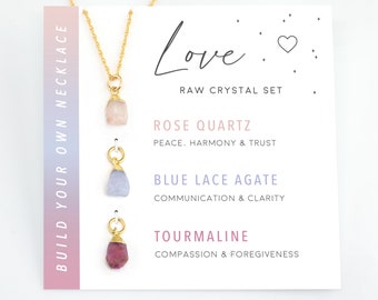 Love Crystals Set, Raw Crystal Charm Necklace, Crystal Cluster, Rose Quartz Necklace, Blue Lace Agate, Gift for Girlfriend, I am enough