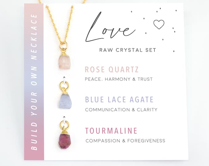 Love Crystals Set, Raw Crystal Charm Necklace, Crystal Cluster, Rose Quartz Necklace, Blue Lace Agate, Gift for Girlfriend, I am enough