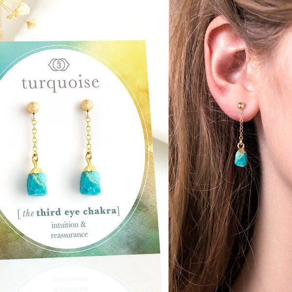 Genuine Turquoise Stud Drop Earrings, Gold Filled 925 Silver Raw Crystal Dangle Studs, Third Eye Chakra Intuition Crystal Jewelry Gift, Boho