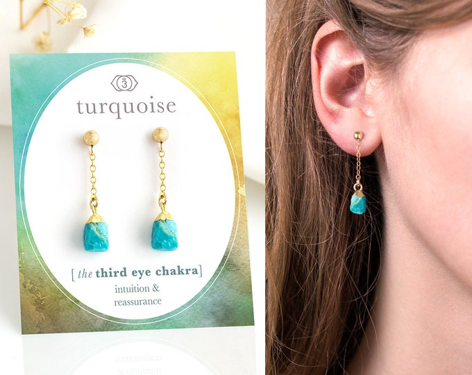 Genuine Turquoise Stud Drop Earrings, Gold Filled 925 Silver Raw Crystal Dangle Studs, Third Eye Chakra Intuition Crystal Jewelry Gift, Boho