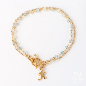 Personalized Charm Bracelet - Aquamarine Bracelet - Friendship Bracelet - Wire wrapped Toggle Bracelet - Layering Bracelet - Gift for her