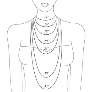 May include: Diagram showing different necklace lengths from 14 inches to 33 inches.