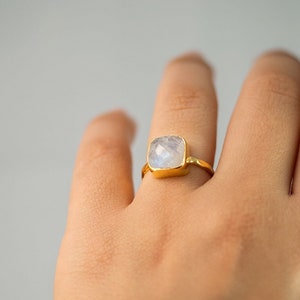 Rainbow Moonstone Ring Gold, June Birthstone Ring, Gemstone Ring, Stacking Ring, Silver Ring, Cushion Cut Ring, Unique Gift for Her, RG-SQ image 1