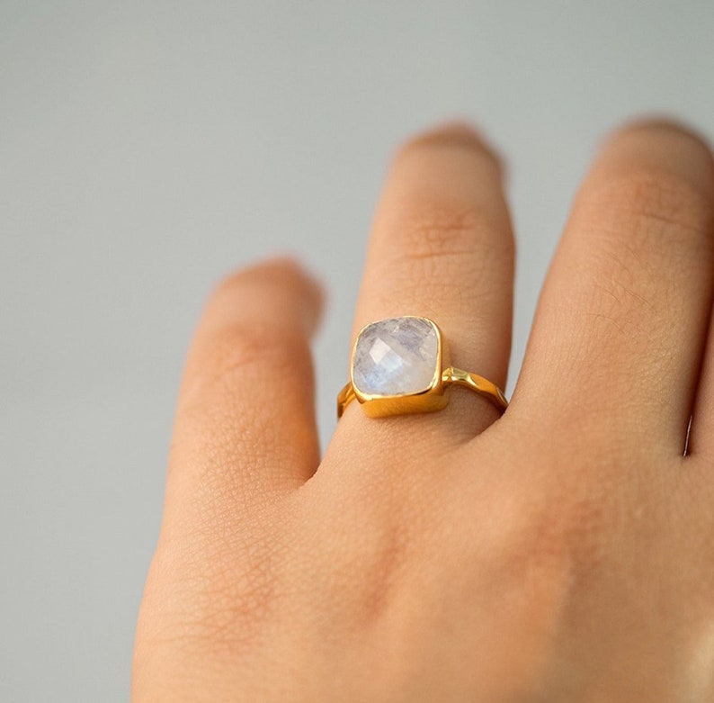 Rainbow Moonstone Ring Gold, June Birthstone Ring, Gemstone Ring, Stacking Ring, Silver Ring, Cushion Cut Ring, Unique Gift for Her, RG-SQ image 1