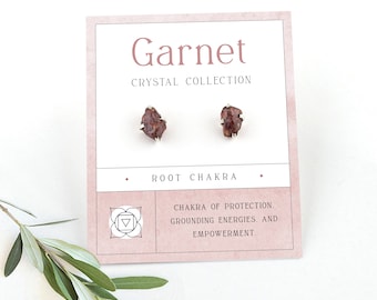 Natural Raw Chip Garnet Studs, Sterling Silver January Birthstone Stud Earrings, Root Chakra  Crystal Earring, Birthday Gift Under 30