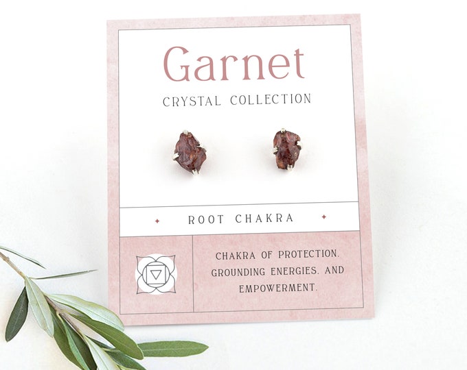 Natural Raw Chip Garnet Studs, Sterling Silver January Birthstone Stud Earrings, Root Chakra  Crystal Earring, Birthday Gift Under 30
