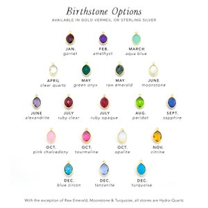 May include: Chart of birthstone options available in gold vermeil or sterling silver. Each month is represented by a gemstone, with the name of the stone and month listed below.  With the exception of raw emerald, moonstone, and turquoise, all stones are hydro-quartz.
