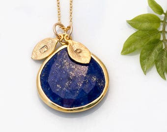 Lapis Lazuli Necklace, Custom Stamped Initial, Personalized Gift, September Birthstone New Mom Present, Keepsake Jewelry, Gift for Sisters