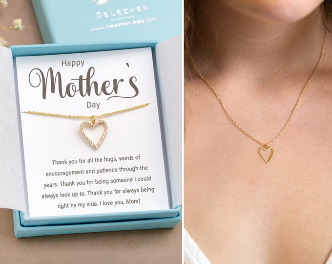 1st Birthday Gift, Christmas Gift Necklace, Cute Mothers Love Necklace Heart Charm, Gold Filled CZ Necklace, Unique Gift for Mom