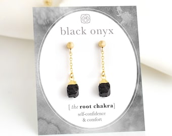Black Onyx Protection Crystal Earrings, Minimalist Natural Gemstone Dangle Studs, Chain Drop Stacking Earrings, Root Chakra Yogi Gift Reiki