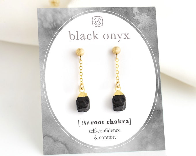 Black Onyx Protection Crystal Earrings, Minimalist Natural Gemstone Dangle Studs, Chain Drop Stacking Earrings, Root Chakra Yogi Gift Reiki