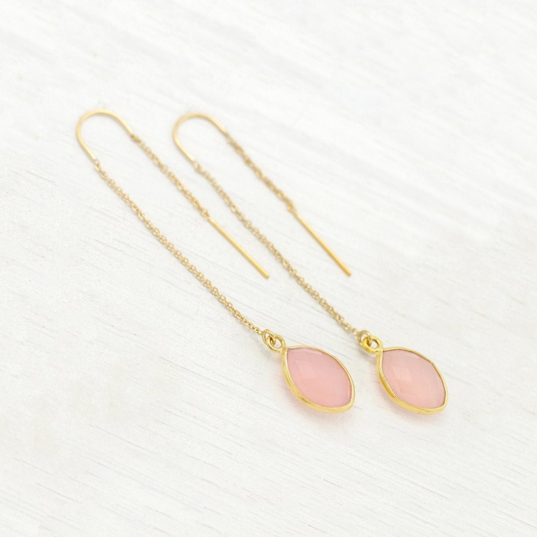 Rose Quartz Threader Earrings October Birthstone Gift Pink - Etsy