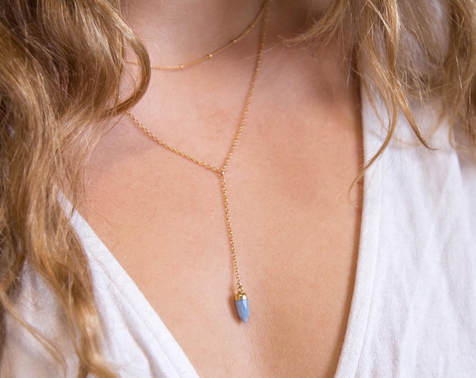 Blue Opal Lariat Necklace, Gemstone Drop Necklace, October Birthstone, 14k Gold Filled Y Necklace, Simple Layering Blue Jewelry Gift, LN-B