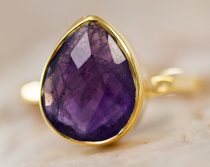 Purple Amethyst Ring Gold - February Birthstone Ring - Purple Gemstone Ring - Stacking Ring - Gold Ring - Tear Drop Ring