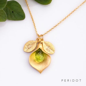 Peridot Birthstone Necklace, August Birthday Gift, Custom Initial Mom Jewelry, Personalized Silver Pendant, Floral Boho Calla lily Necklace image 3