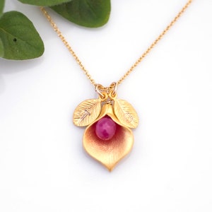 July Red Ruby Personalized Birthstone Necklace - Custom Initial Jewelry  - Personalized necklace - Calla lily Necklace