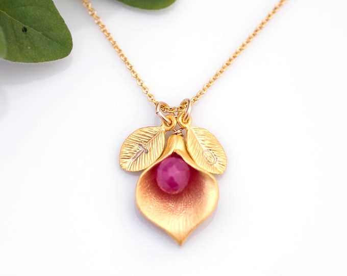 July Red Ruby Personalized Birthstone Necklace - Custom Initial Jewelry  - Personalized necklace - Calla lily Necklace
