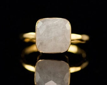 Gold White Moonstone Ring Solitaire - June Birthstone Ring - Gemstone Ring - Gold Ring - Bezel Set Ring, 9mm Crystal Moonstone Ring