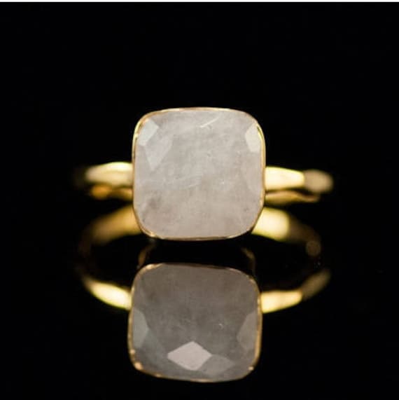 Gold White Moonstone Ring Solitaire - June Birthstone Ring - Gemstone Ring - Gold Ring - Bezel Set Ring, 9mm Crystal Moonstone Ring