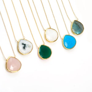 Mint Green Chrysoprase Necklace, Gold Necklace, Gemstone Necklace, Layering Necklace, Stone Pendant, Boho Jewelry, Gold Framed Stone image 2